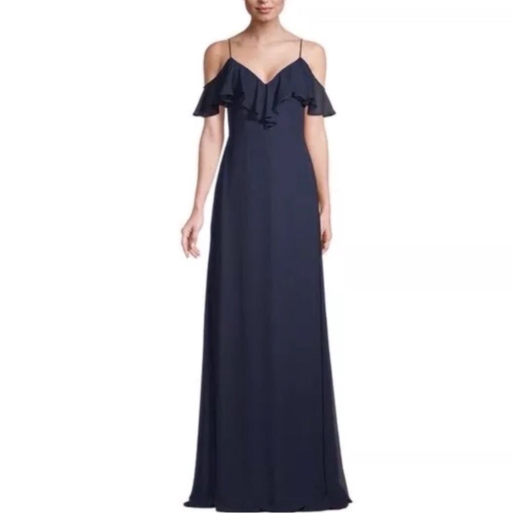 Bill Levkoff Navy Blue Chiffon Spaghetti Strap A-line Gown Maxi Dress Size 6